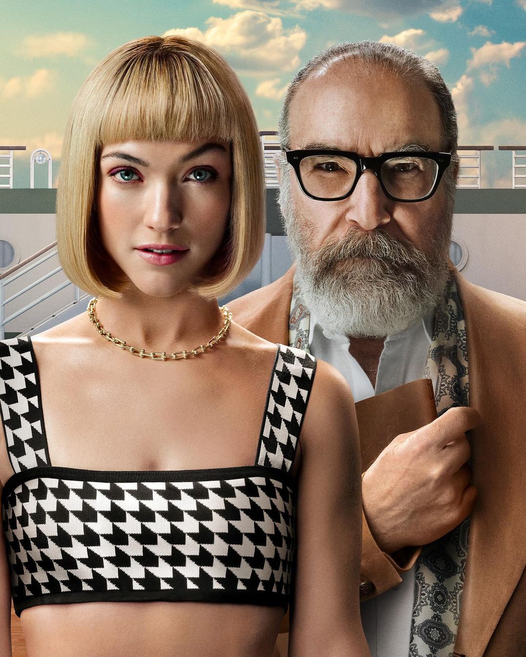 Portrait of a blonde woman in a patterned top with an older man in glasses and a blazer, set against a sky and ocean liner backdrop.