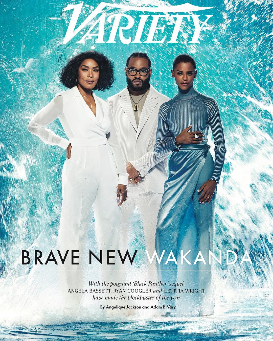 Magazine cover featuring Angela Bassett, Ryan Coogler, and Letitia Wright against a blue textured background for a 'Variety' feature.
