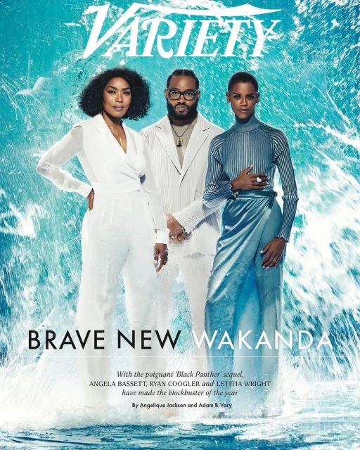 Magazine cover featuring Angela Bassett, Ryan Coogler, and Letitia Wright against a blue textured background for a 'Variety' feature.