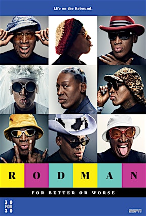 Collage of nine portraits of Dennis Rodman in various hats and sunglasses against a blue background for a 30 for 30 ESPN film.