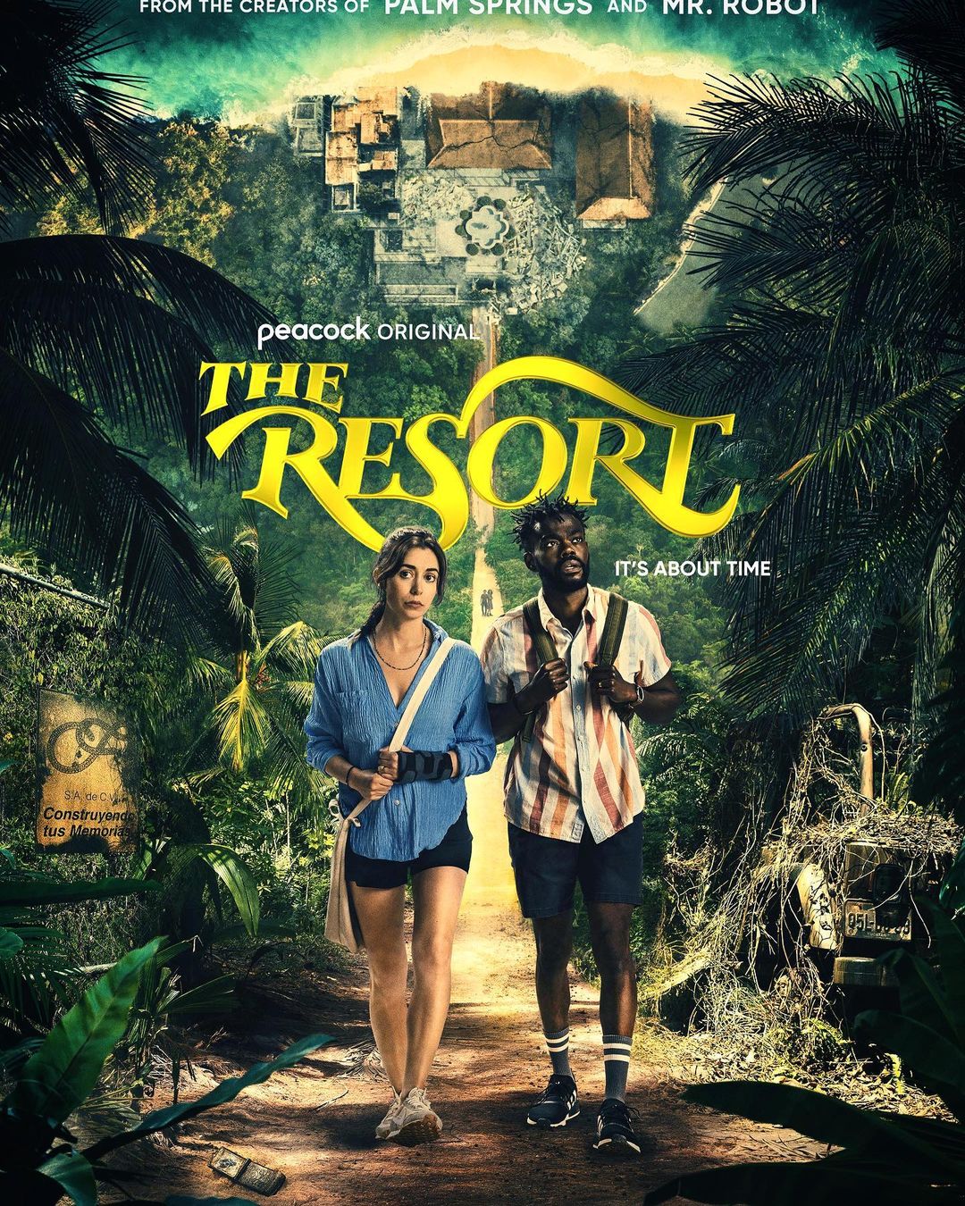 Poster for 'The Resort' featuring an adult woman and man walking down a path in a jungle-like resort setting, with resort buildings in the distance.