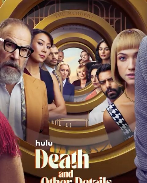 Promotional image for the TV series Death and Other Details features a cast of actors standing in a concentric tunnel design.