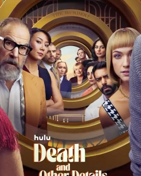 Promotional image for the TV series Death and Other Details features a cast of actors standing in a concentric tunnel design.
