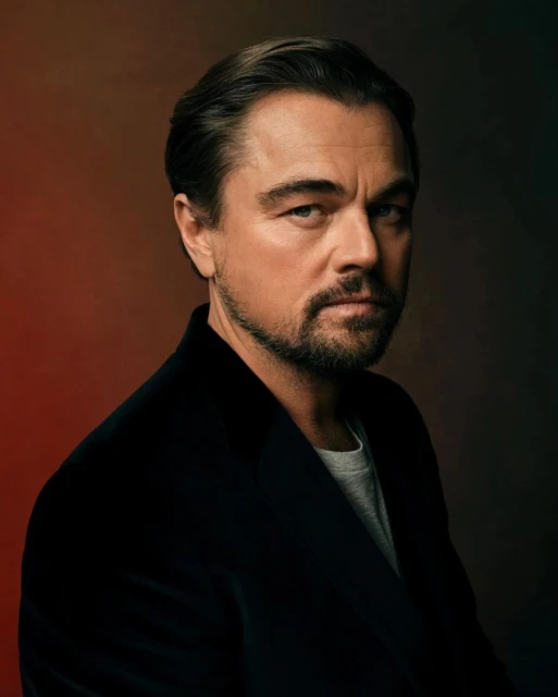 Portrait of Leonardo DiCaprio, facing slightly right with a serious expression, wearing a black jacket against a blurred background.