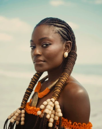 Portrait of a Black woman with braided hair styled with beads and an orange beaded necklace against an overcast sky.
