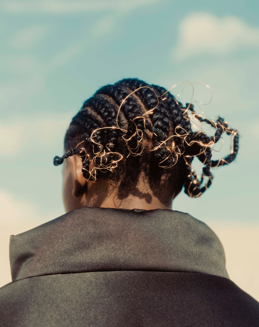 Back of a person's head with cornrow braids and gold wire details, against a light-blue sky with some clouds and soft, neutral-toned earth.