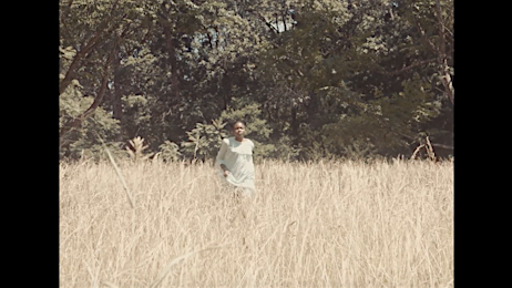 An adult woman in a light-colored dress walks through a field of wheat-like grass under the sun, with a forest visible in the background.