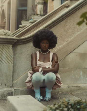 Portrait of a young Black woman squatting on stone steps, wearing a light pink dress, pearl necklace, and light blue shoes with bows.