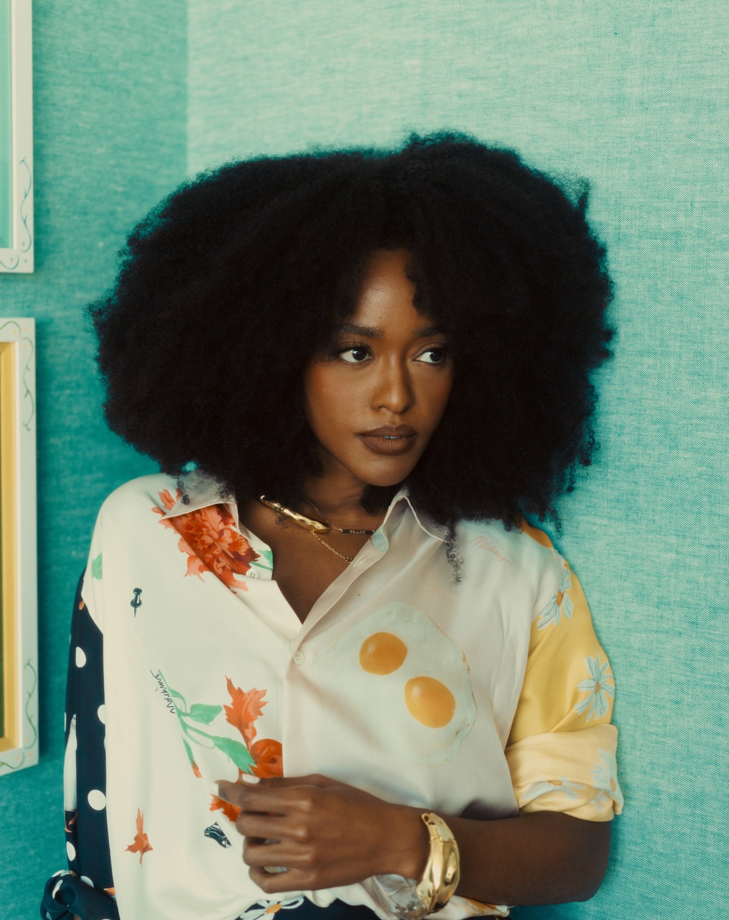 Woman with afro and patterned shirt poses in front of blue textured wall with framed artwork, showcasing fashion and portrait photography.