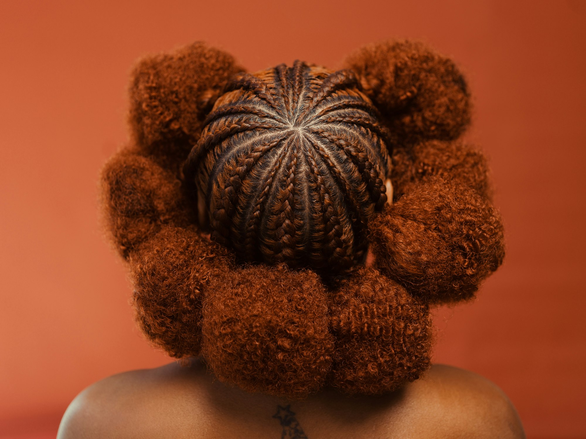 Woman with a braided hair bun and large afro puffs against a solid orange backdrop in a beauty or fashion context. Beauty shot.