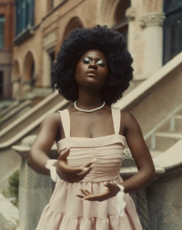Black woman with voluminous afro hair wearing a pink dress and pearl necklace in front of stone steps.