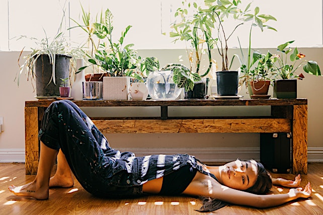 Young woman in overalls lies on wooden floor with houseplants on shelf. Bright sunlight indoors, casual fashion, wellness lifestyle concept.