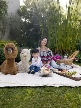 Woman and young child seated on a picnic blanket outdoors next to two alpacas, with a cake and food basket