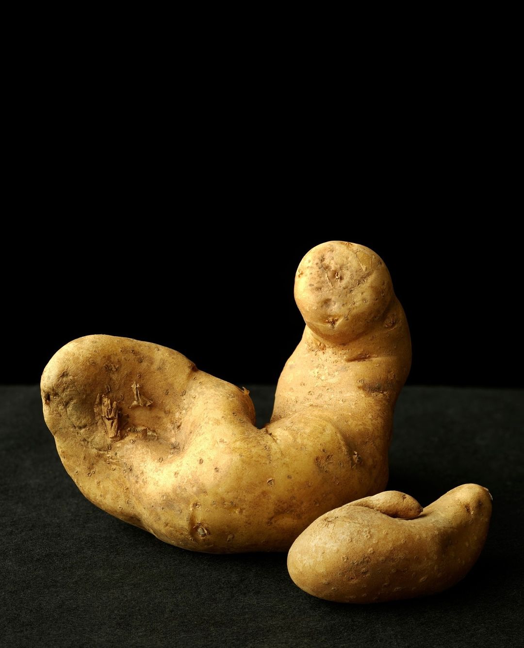 Two potatoes, one large and one small, are side-by-side against a black background. The larger potato has an unusual curved shape.