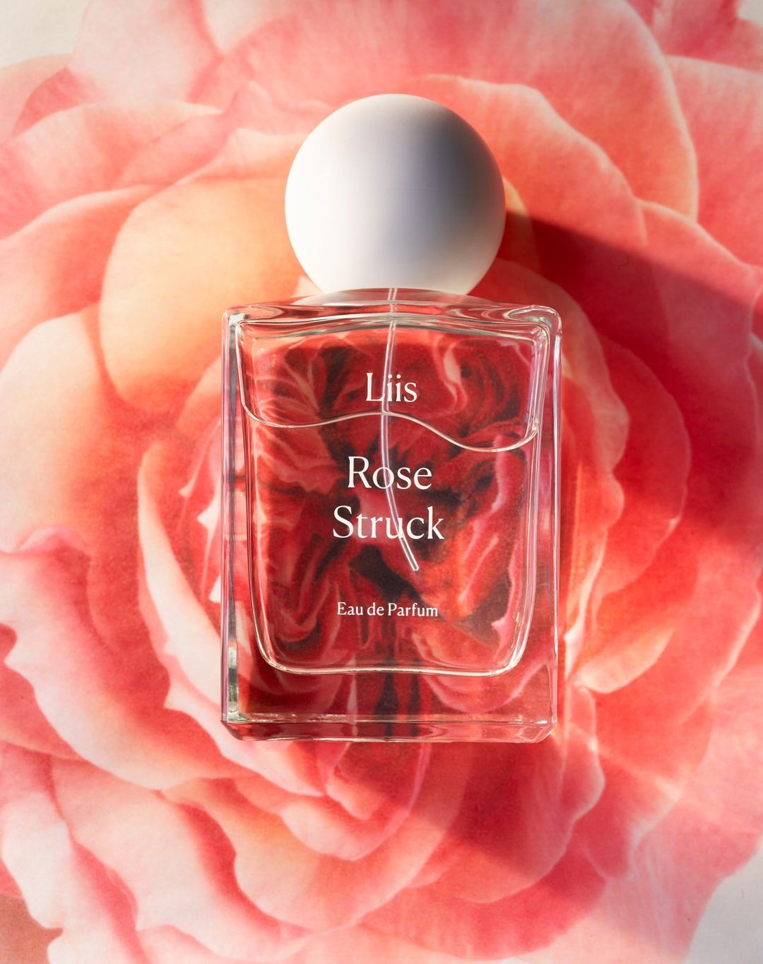 Close-up studio shot of a clear glass perfume bottle with a white spherical cap, filled with a dark liquid, displayed on a rose backdrop.