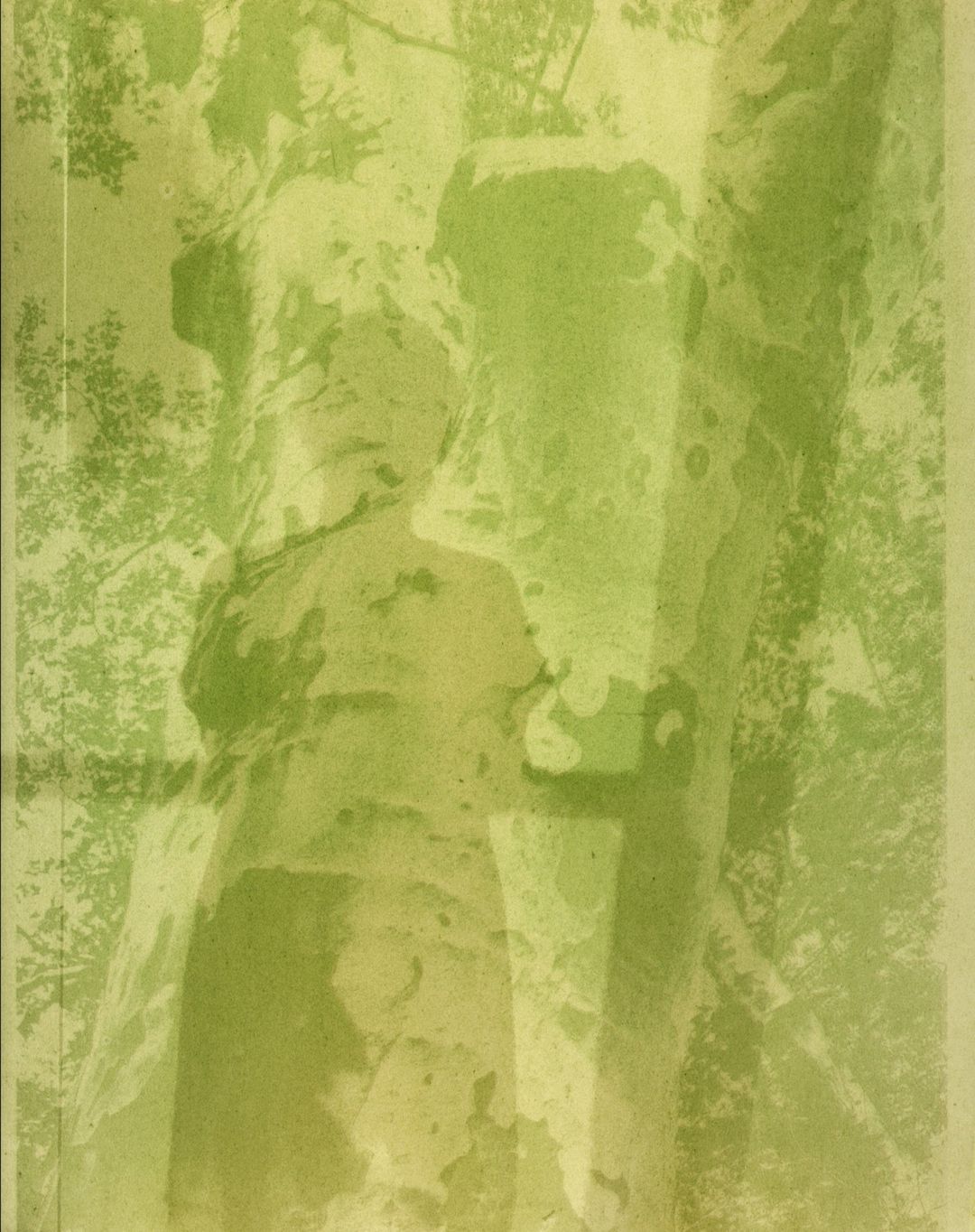 Abstract image of weathered stone figures surrounded by trees in green tones, creating a vintage or historical atmosphere.