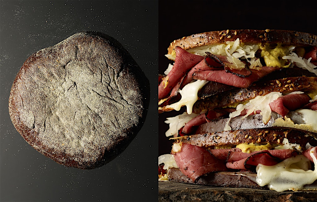 Two food images side-by-side: dark rye bread dusted with flour and tall reuben sandwich with corned beef, sauerkraut, and melted cheese.