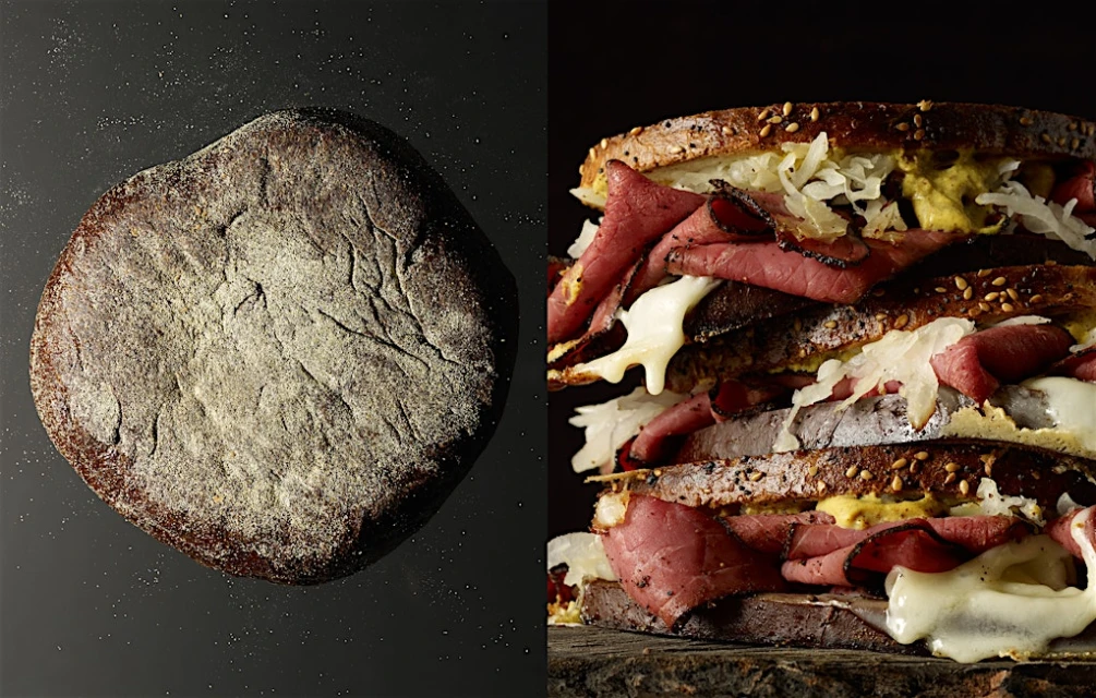 Two food images side-by-side: dark rye bread dusted with flour and tall reuben sandwich with corned beef, sauerkraut, and melted cheese.