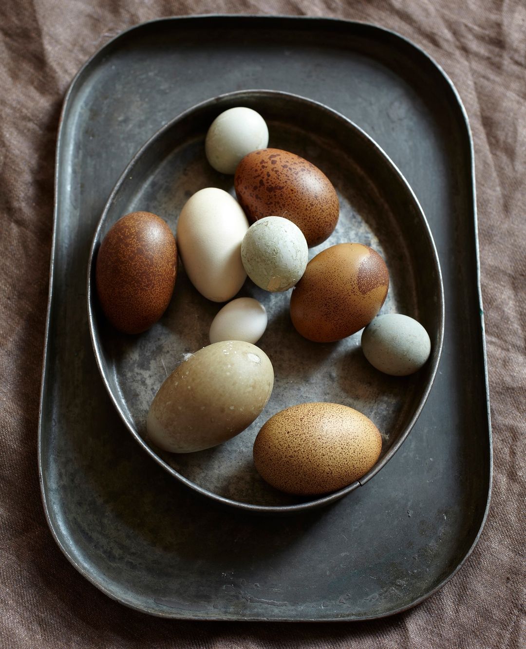Close-up still life of various-colored chicken eggs in metal trays on a brown textile surface, showcasing natural textures.