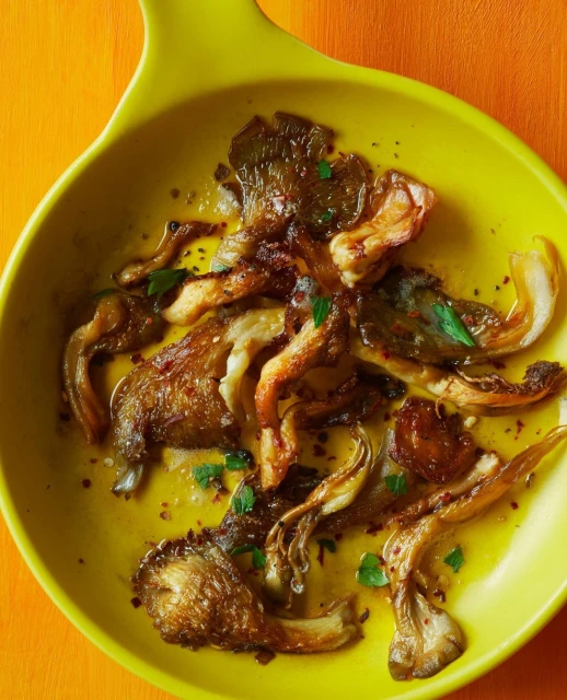 Overhead studio shot of sauteed mushrooms in a vibrant yellow bowl atop an orange surface, showcasing their rich color and texture.