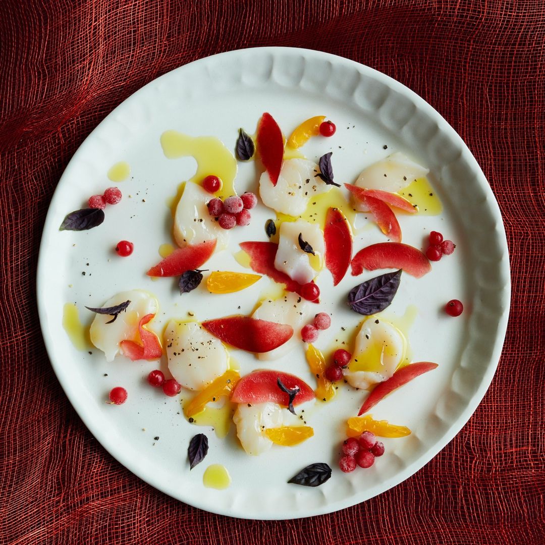 Overhead shot of white plate with scallop appetizer, red currants, orange slices, olive oil, and basil leaves on a red fabric background.