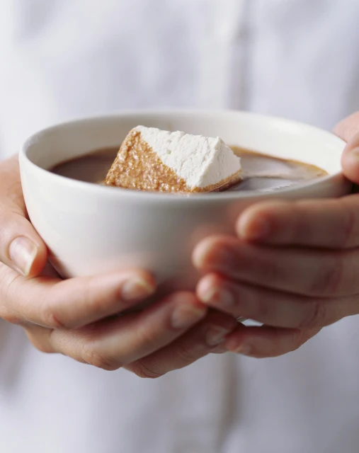 Close-up of a person holding a white bowl filled with hot chocolate and a large marshmallow, showcasing a sweet treat.