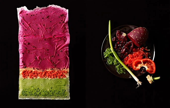 Still life food photography features a plate with green sauce, vegetables, and cactus fruit beside a textured pink, orange, and green object.