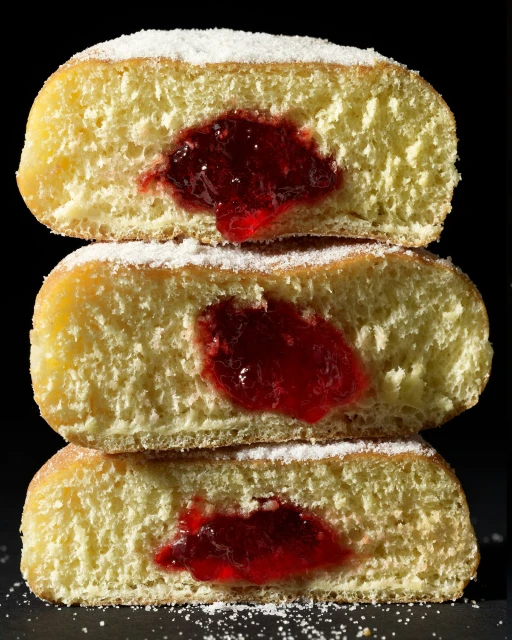 Stack of three jelly donuts cut in half exposing the red jelly filling, dusted with powdered sugar against a dark background.