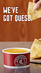 Close-up of Chipotle queso dip and tortilla chips against a textured background, ideal for food-related social media.