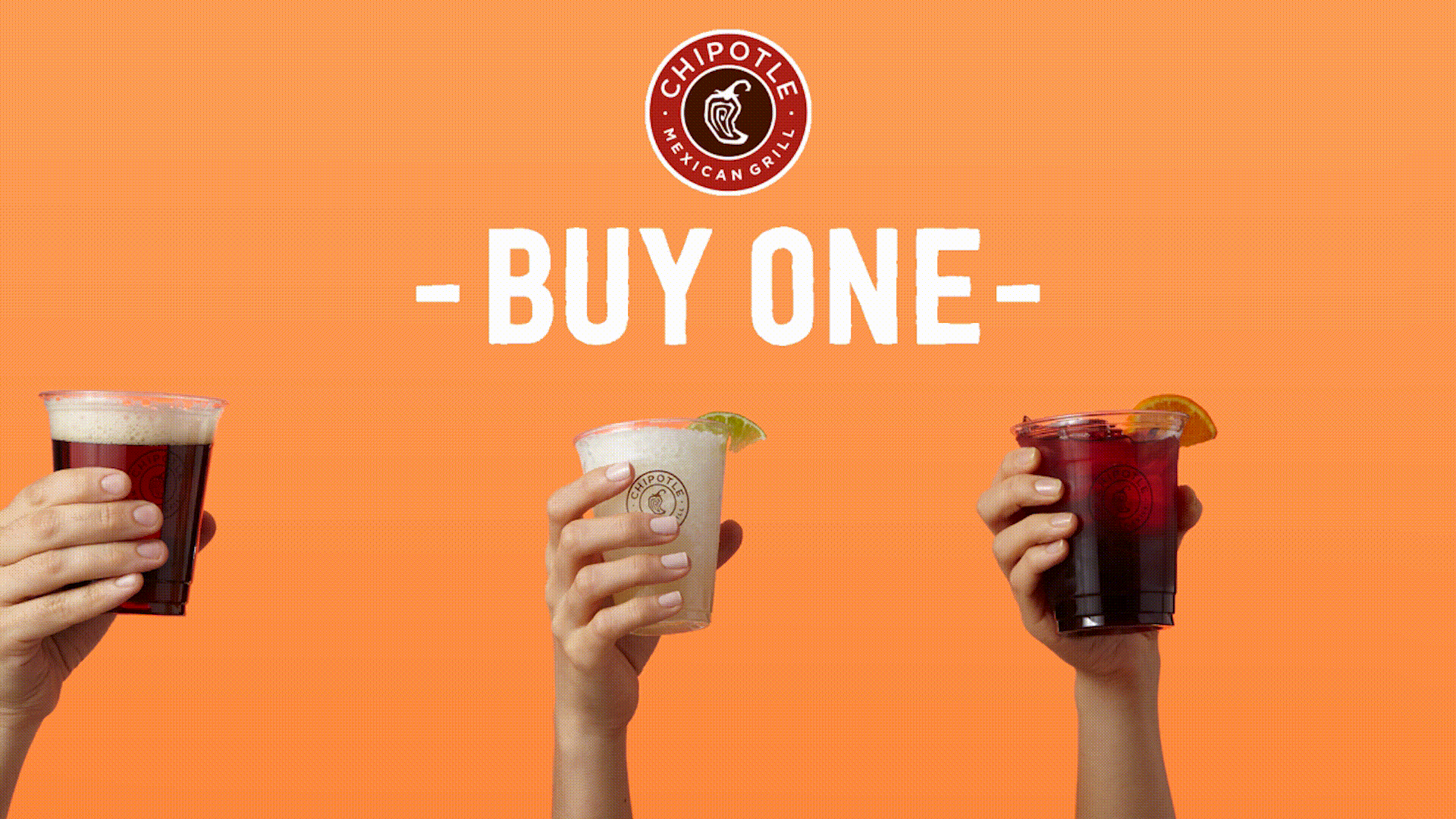 Three hands holding clear plastic beverage cups against an orange textured background with white text reading BUY ONE.