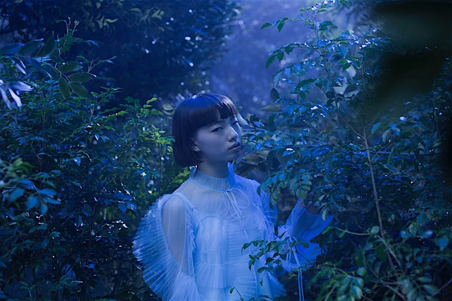 Young woman in a sheer ruffled dress stands amidst lush greenery in a moody outdoor setting with a cool blue color grading.