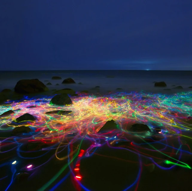 Illuminated rocks on a dark sandy beach at night, with long exposure photography creating colorful light trails in the sand.
