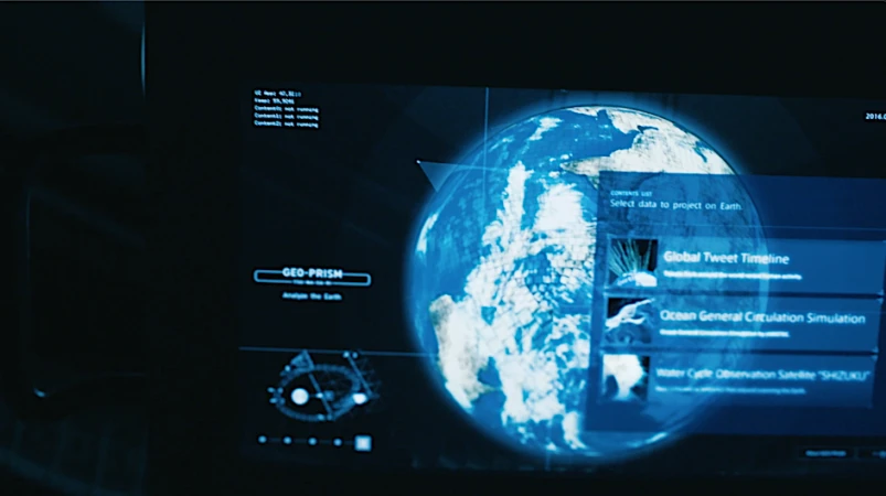 Illustration of an Earth hologram on a high-tech interface, with menus and data visualizations, set against a dark background.