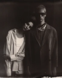A man and woman posing closely in low-key lighting, wearing a striped oversized shirt and dark blazer with a moody analogue film aesthetic.