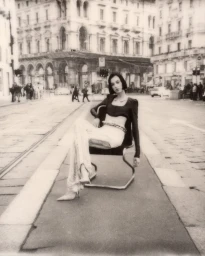 Model in a black cropped top and white trousers seated on a chair in the middle of a European city street.