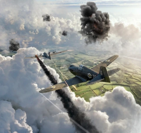 Dramatic aerial view of vintage warplanes amidst clouds, with smoke trails and distant explosions creating a dynamic, historical aviation scene.