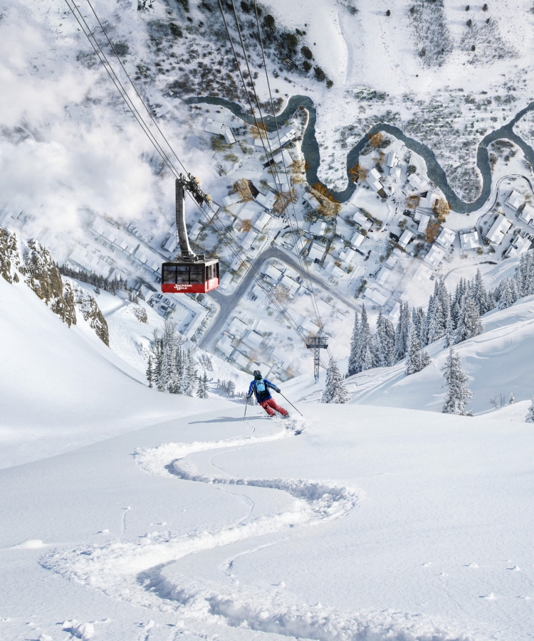 A skier carves down a snowy slope with a ski lift overhead and a snow-covered village nestled in the valley below on a sunny winter day.