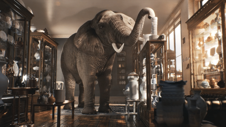 An elephant standing in a room surrounded by shelves filled with porcelain, creating a surreal and unexpected interior scene.
