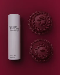 A white Nécessaire body serum bottle beside two burgundy frosted cakes on a matching dark red background.