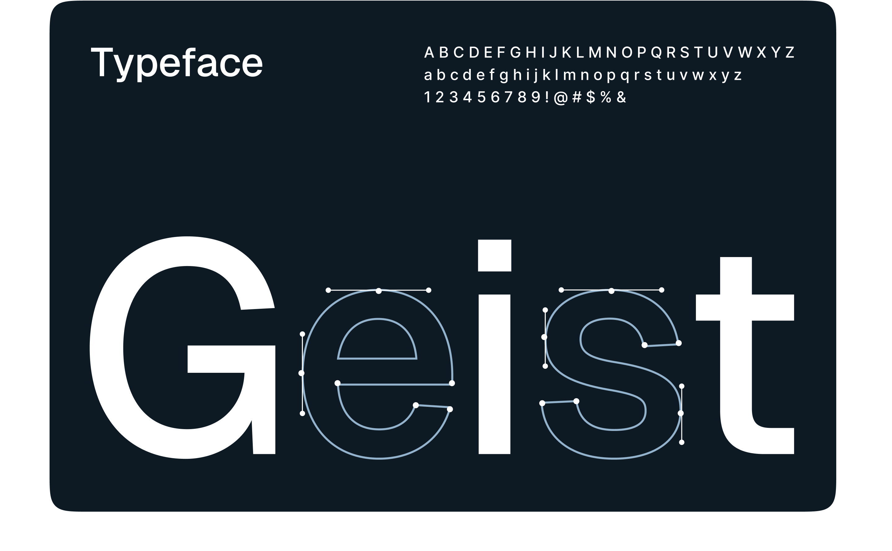 Modern display showcases the Geist typeface, featuring uppercase and lowercase letters, numbers, and symbols against a dark background.
