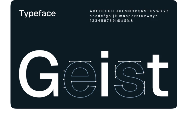 Modern display showcases the Geist typeface, featuring uppercase and lowercase letters, numbers, and symbols against a dark background.