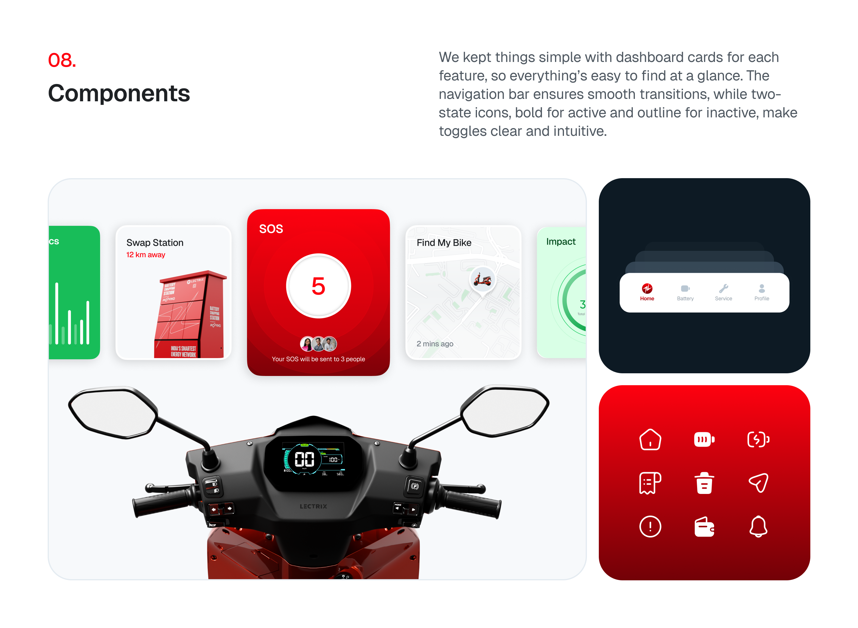 Digital illustration showcases a red electric scooter's interface with dashboard cards for features, navigation, and toggles on a clean white background.