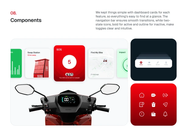 Digital illustration showcases a red electric scooter's interface with dashboard cards for features, navigation, and toggles on a clean white background.
