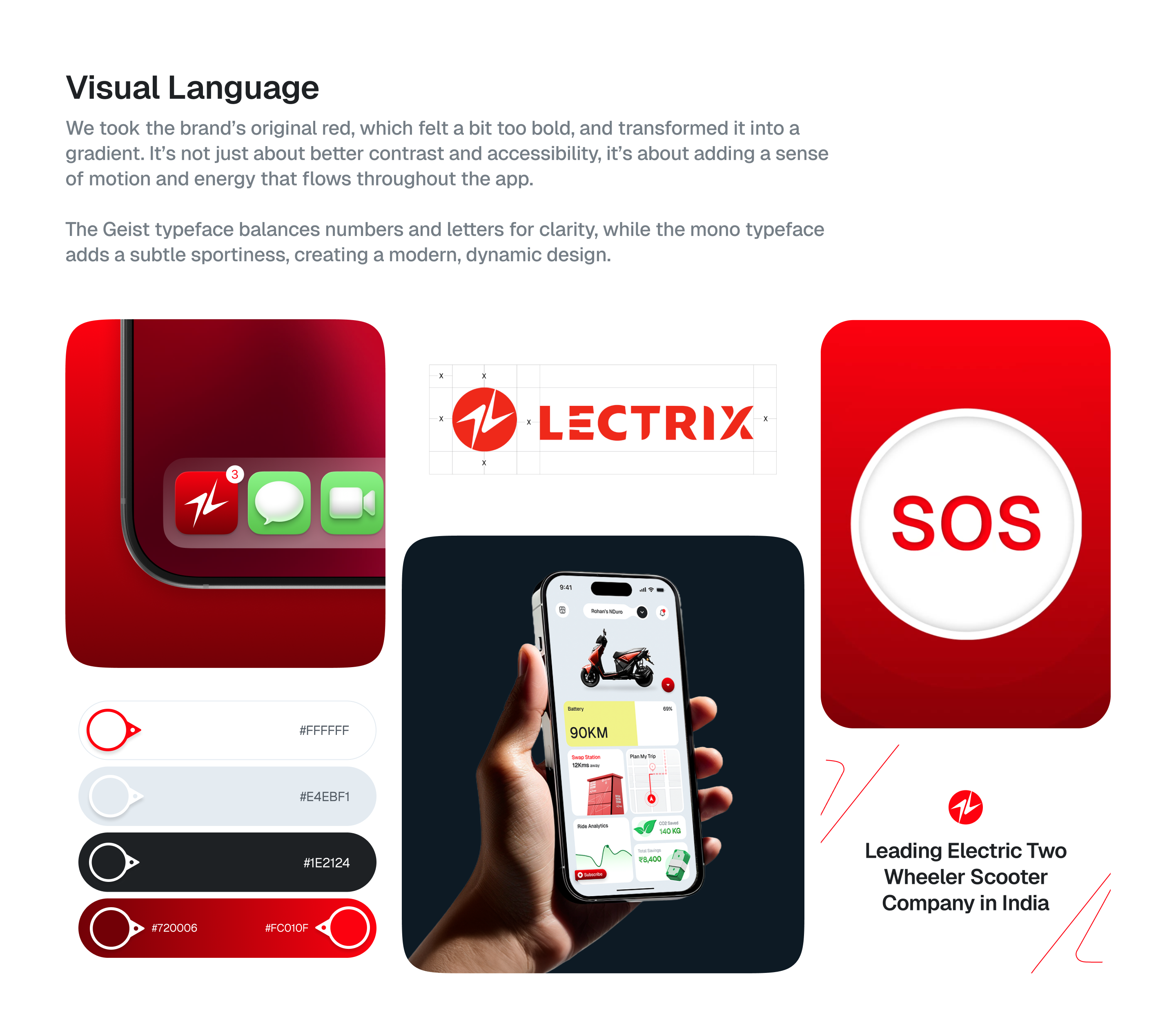 Design presentation featuring a hand holding a phone displaying an electric scooter app interface, accompanied by branding elements and color swatches.