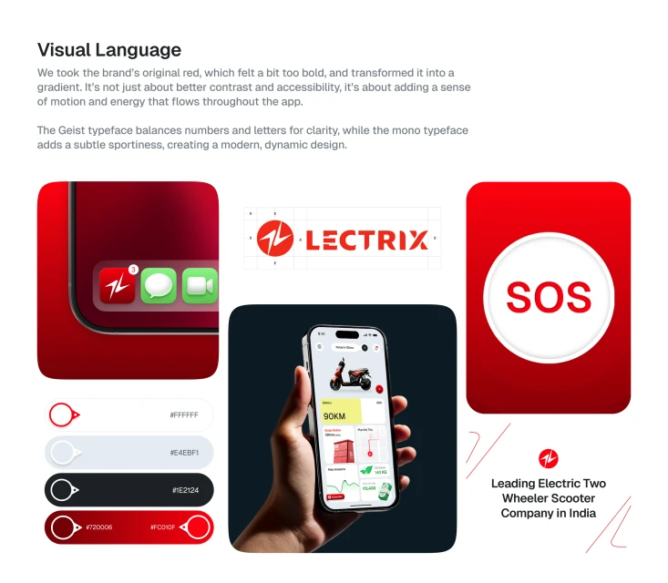Design presentation featuring a hand holding a phone displaying an electric scooter app interface, accompanied by branding elements and color swatches.