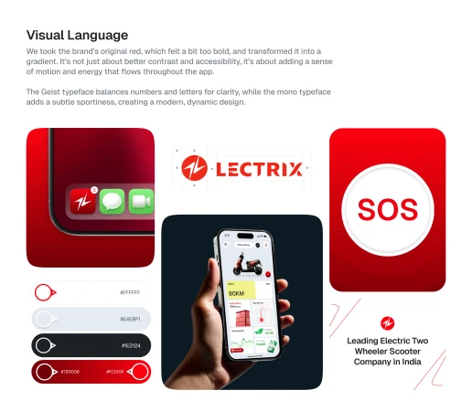 Design presentation featuring a hand holding a phone displaying an electric scooter app interface, accompanied by branding elements and color swatches.