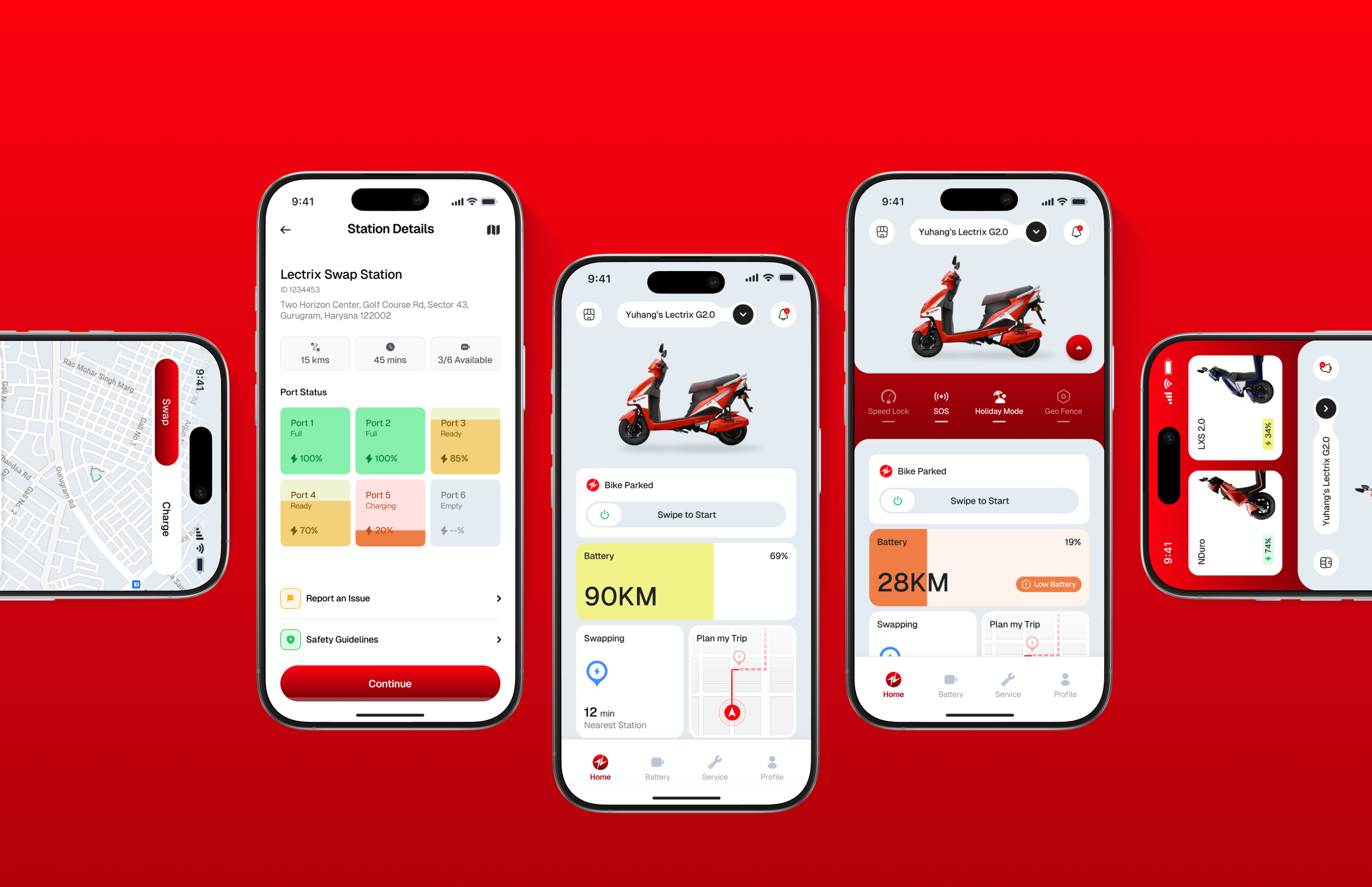 Screens of a Lectrix Swap Station app showing the locations of charging stations and details of a red Lectrix electric scooter.