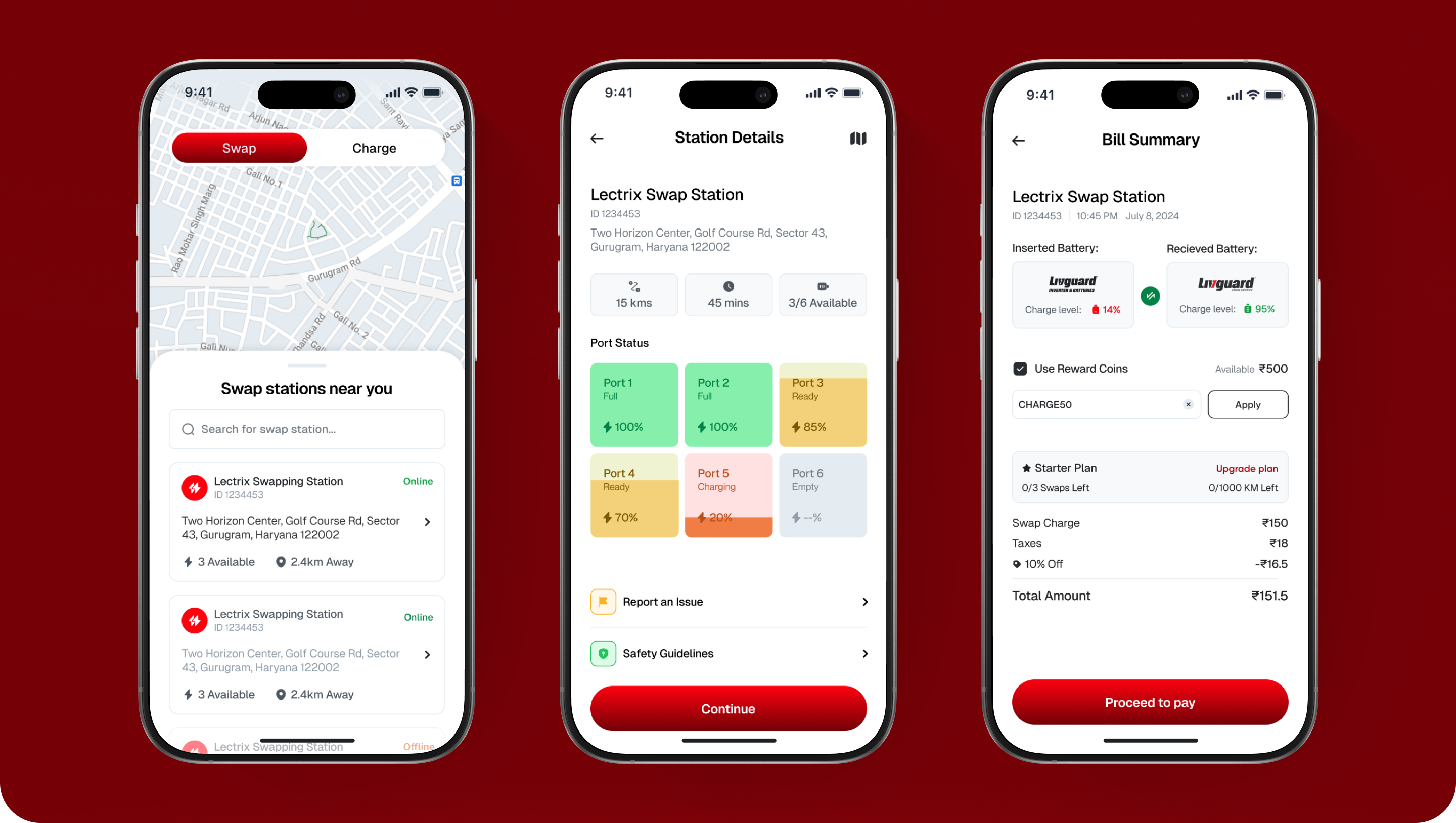 Smartphone displays Lectrix battery swap app with station details, bill summary, port status, and navigation on a red background.