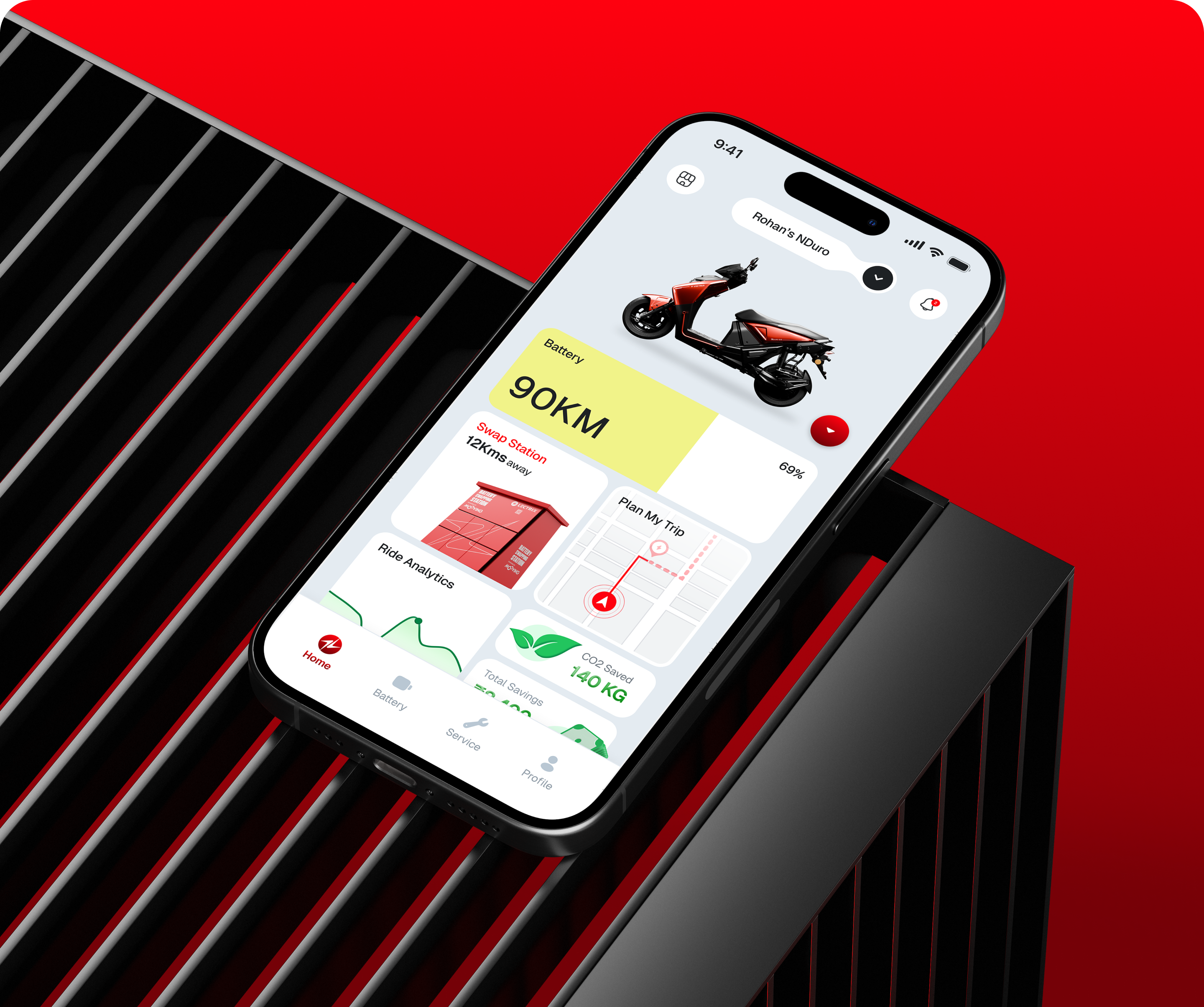 Smartphone screen displaying a scooter app with vehicle diagnostics, map, and battery info, set against a modern background.