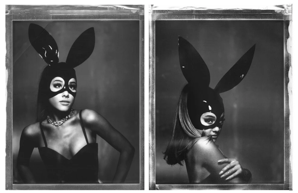 Black and white portrait of a woman in a bunny mask, wearing a dress and jewelry, with a dark background in a creative artistic shot.